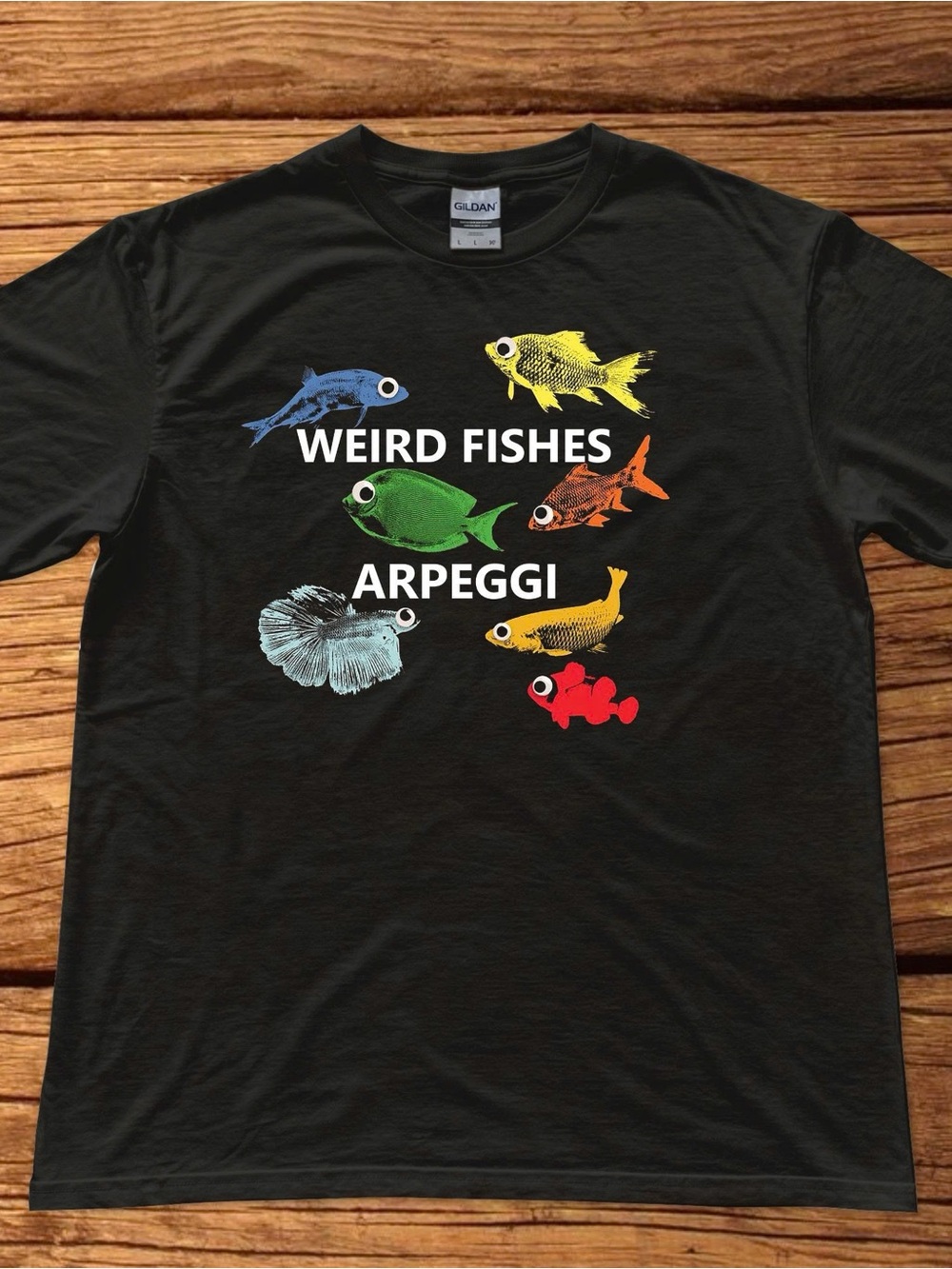 Gildan Black T-Shirt with Colorful Fish Graphic